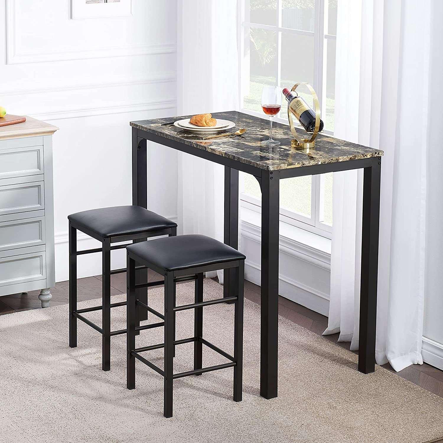 VECELO 3 Piece Metal Dinette Set with Laminated Faux Marble Top for Dining Room/Kitchen - VECELO