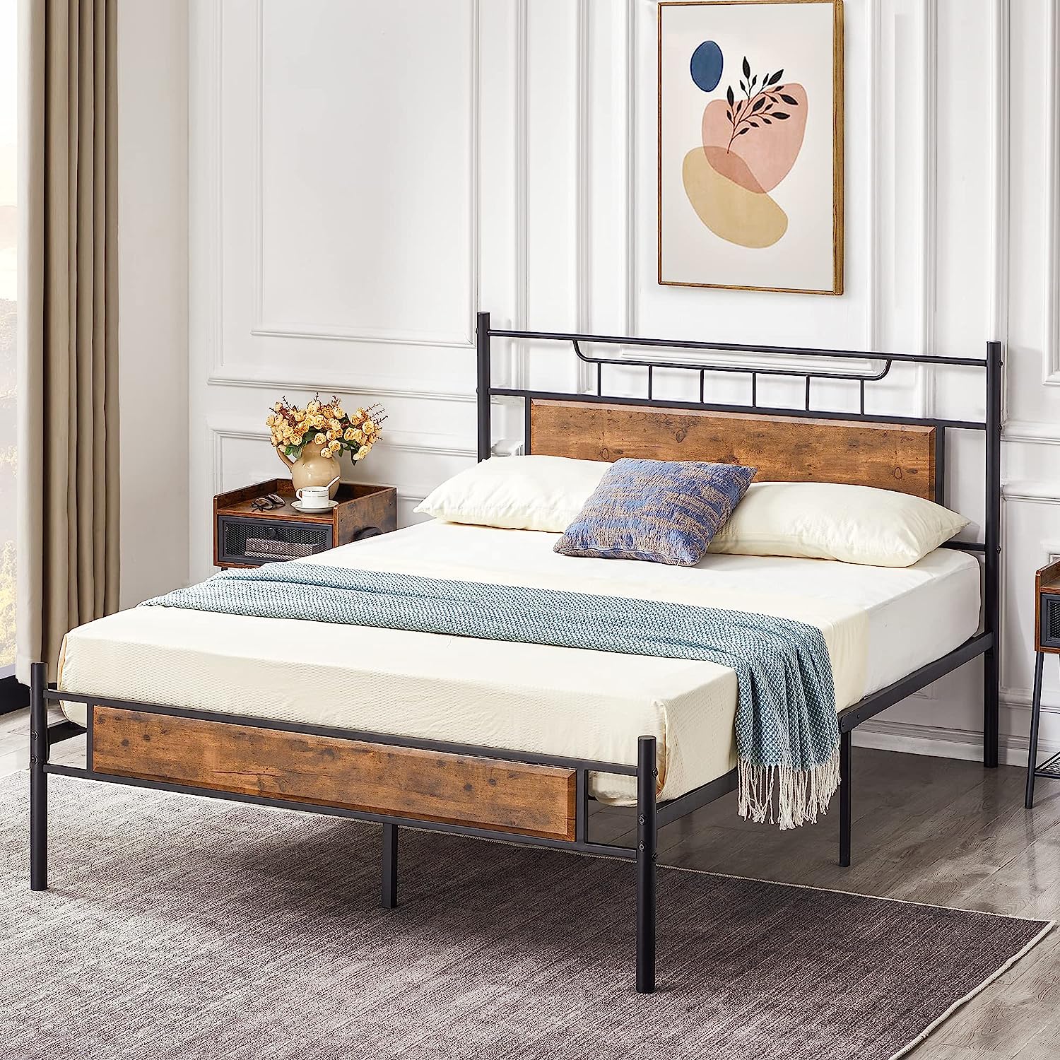 VECELO Platform Bed Frame with Wood Headboard No Box Spring Needed Heavy Duty Steel Slat