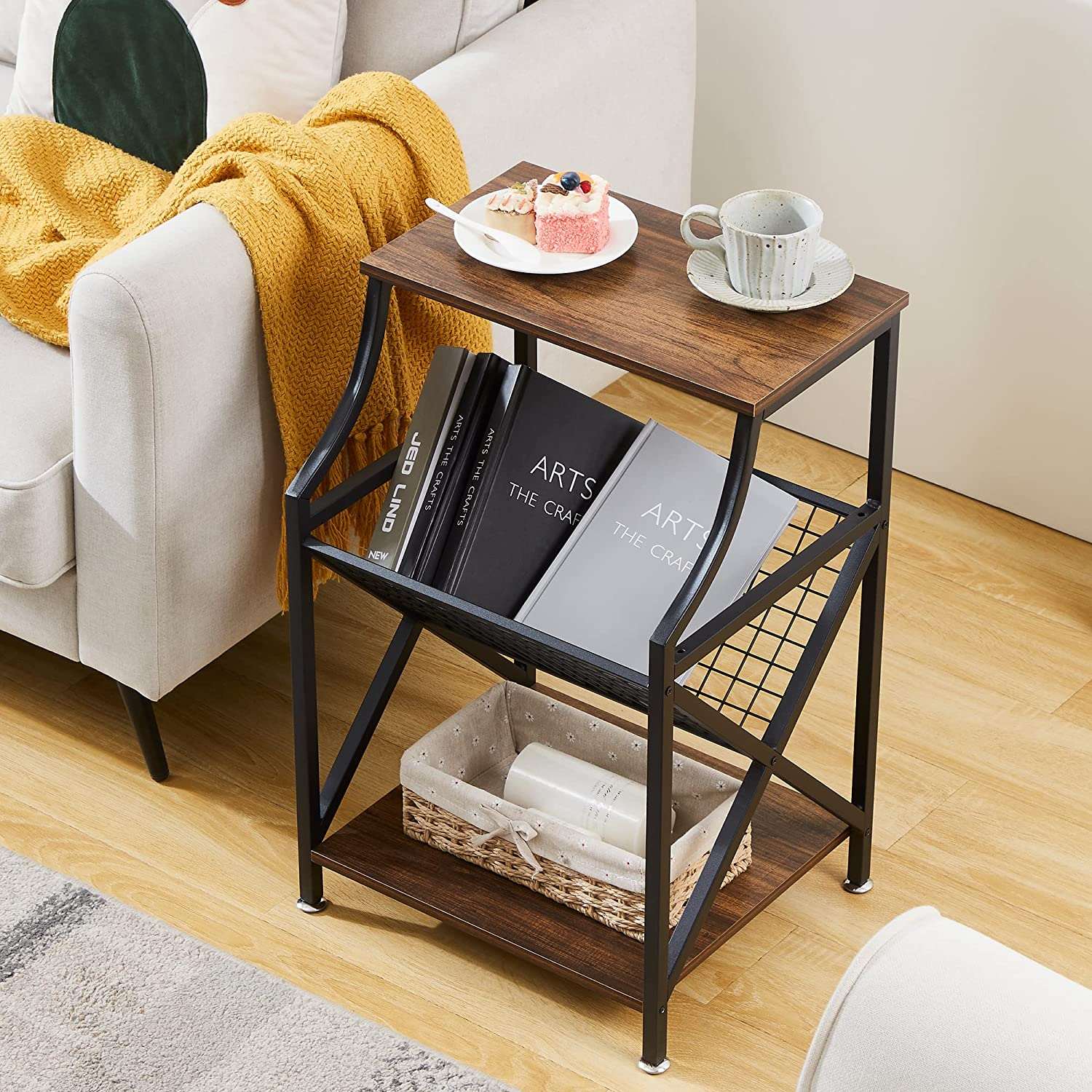 VECELO 3-Tier End Table with Storage Magazine Holder - VECELO