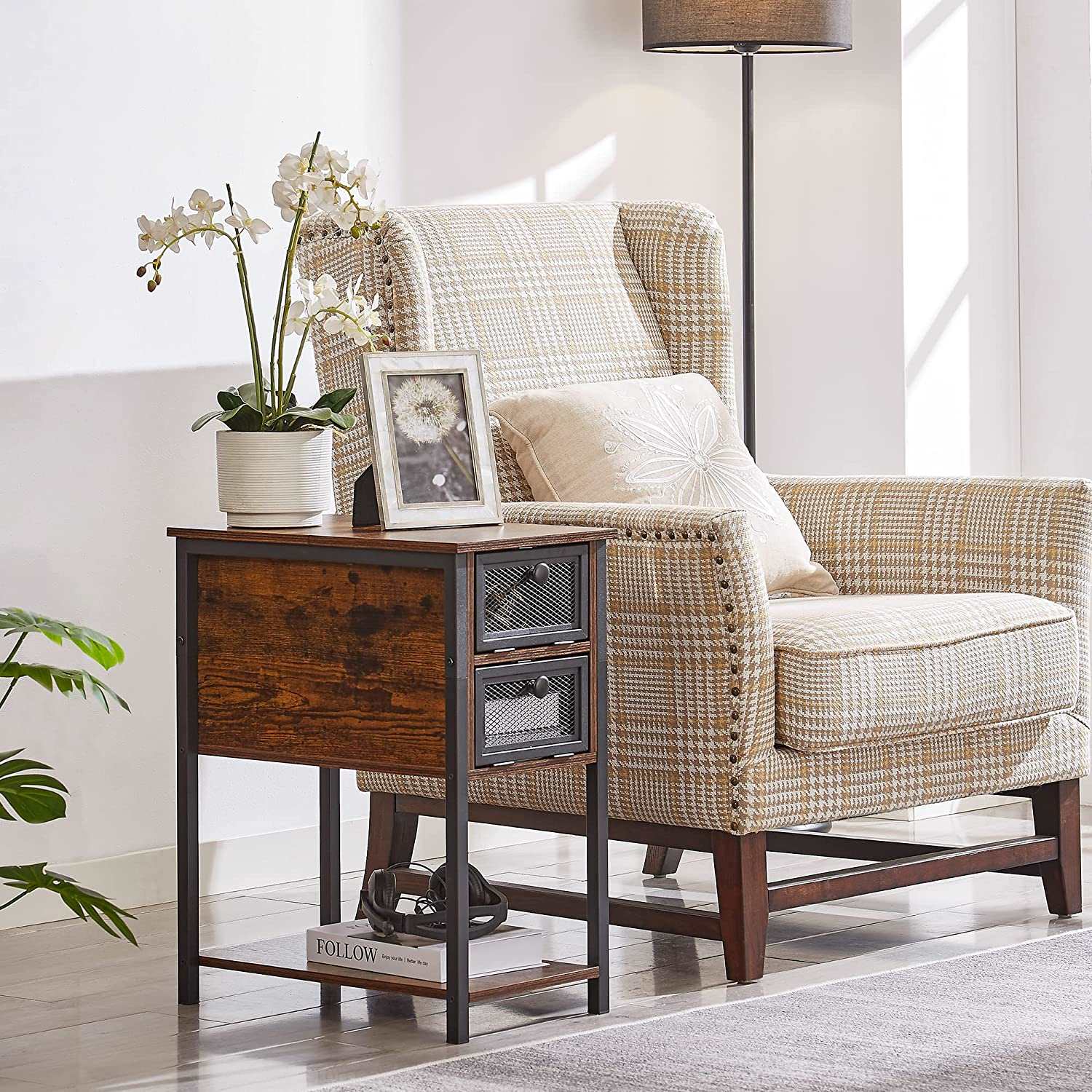 VECELO 24''Tall Flip Top Narrow Side Table with Storage Shelf for Living Room - VECELO