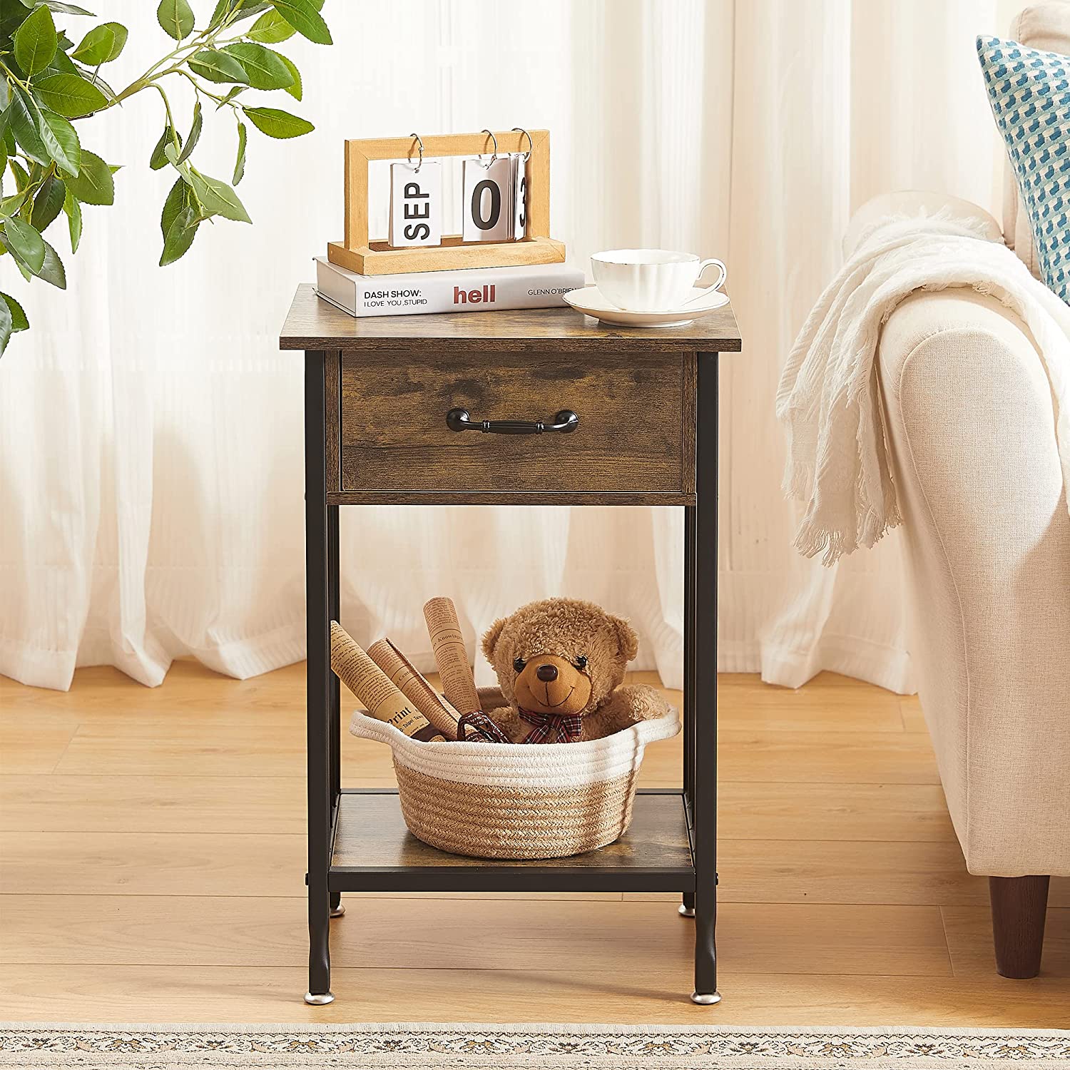 VECELO Industrial End Table,Nightstand with Drawer and Storage Shelf