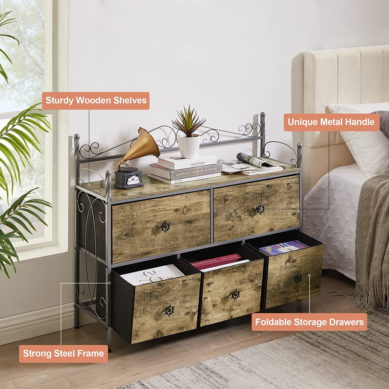 VECELO Dresser for Bedroom with 5 Drawers, Storage Organizer Unit with Shelf for Closet, Living Room - VECELO