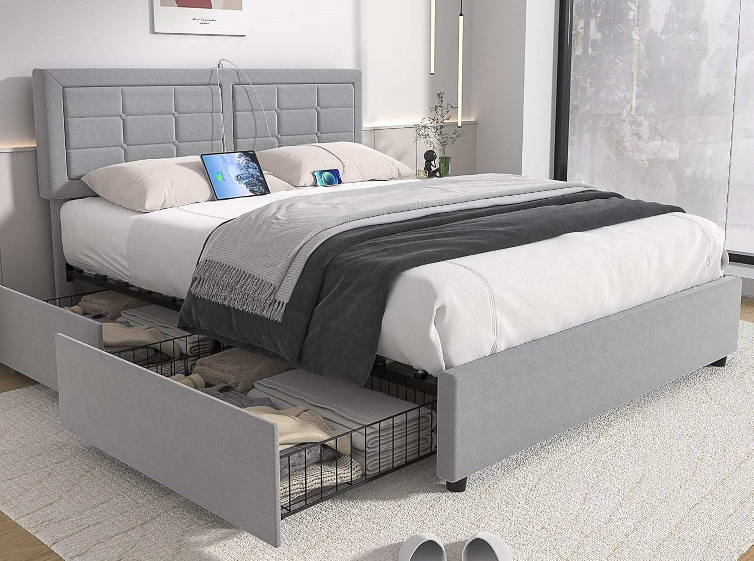 VECELO light grey upholstered bed frame with adjustable headboard and underbed storage drawers