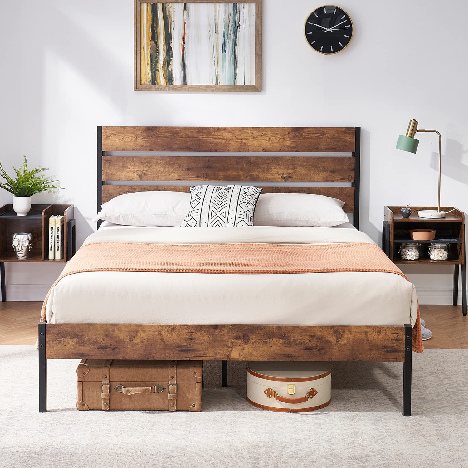Modern rustic bedroom setup featuring a VECELO wood platform bed frame with matching nightstands, cozy bedding, and under-bed storage trunks.