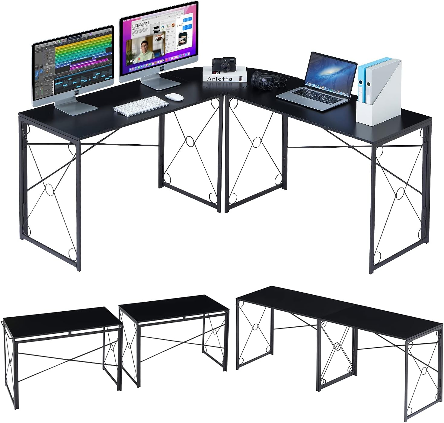 Modern black L-shaped computer desk with dual monitors, laptop, and storage space, featuring a sturdy metal frame and convertible design for home office or gaming setup.