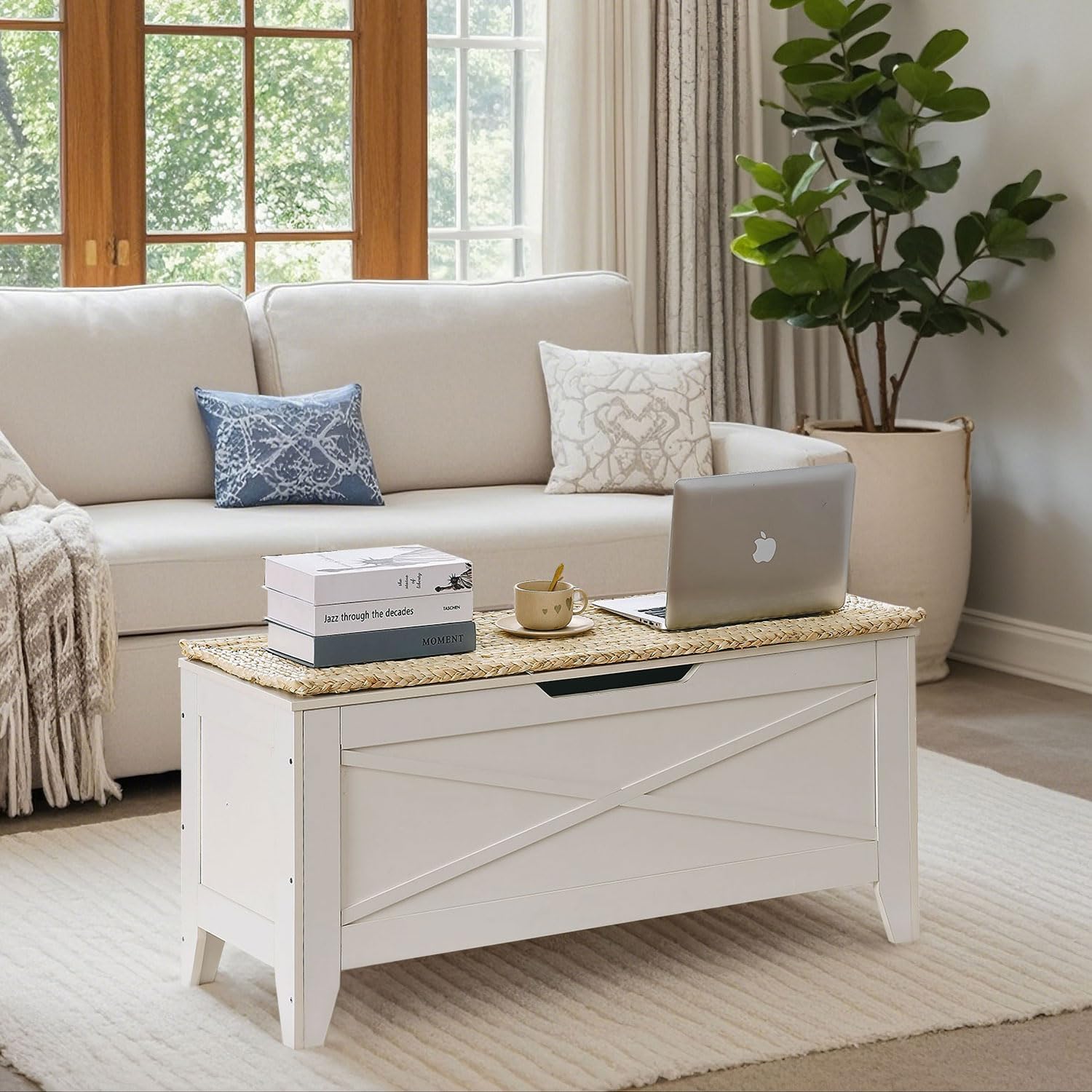 VECELO wooden storage bench with lift top, multifunctional coffee table and organizer for living room or entryway