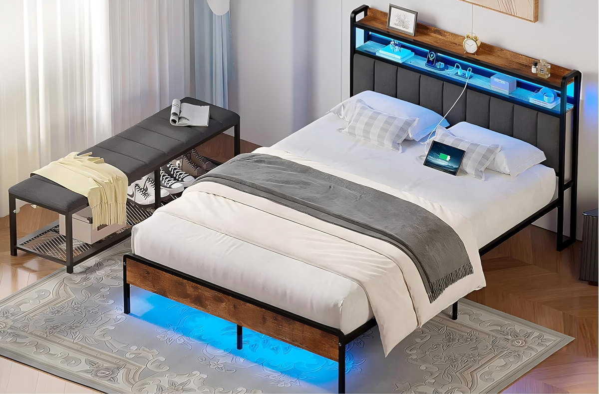Modern bedroom featuring a metal-and-wood platform bed with built-in LED lighting and a storage headboard, paired with a cushioned bench and organized under-bed shoe storage.