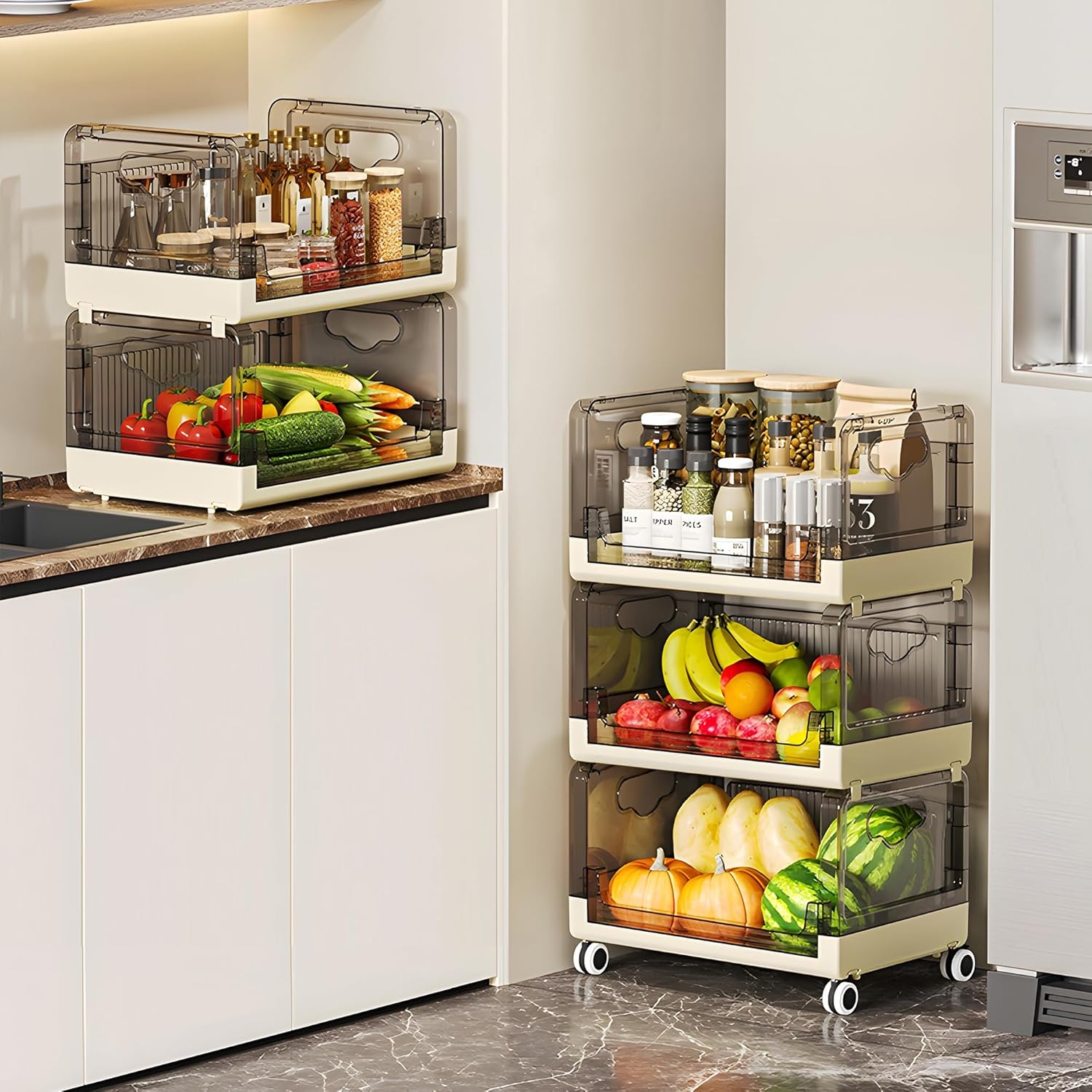 Multi-tier plastic storage baskets on wheels filled with fruits, vegetables, and pantry essentials, used in a modern kitchen corner for visible and mobile organization.