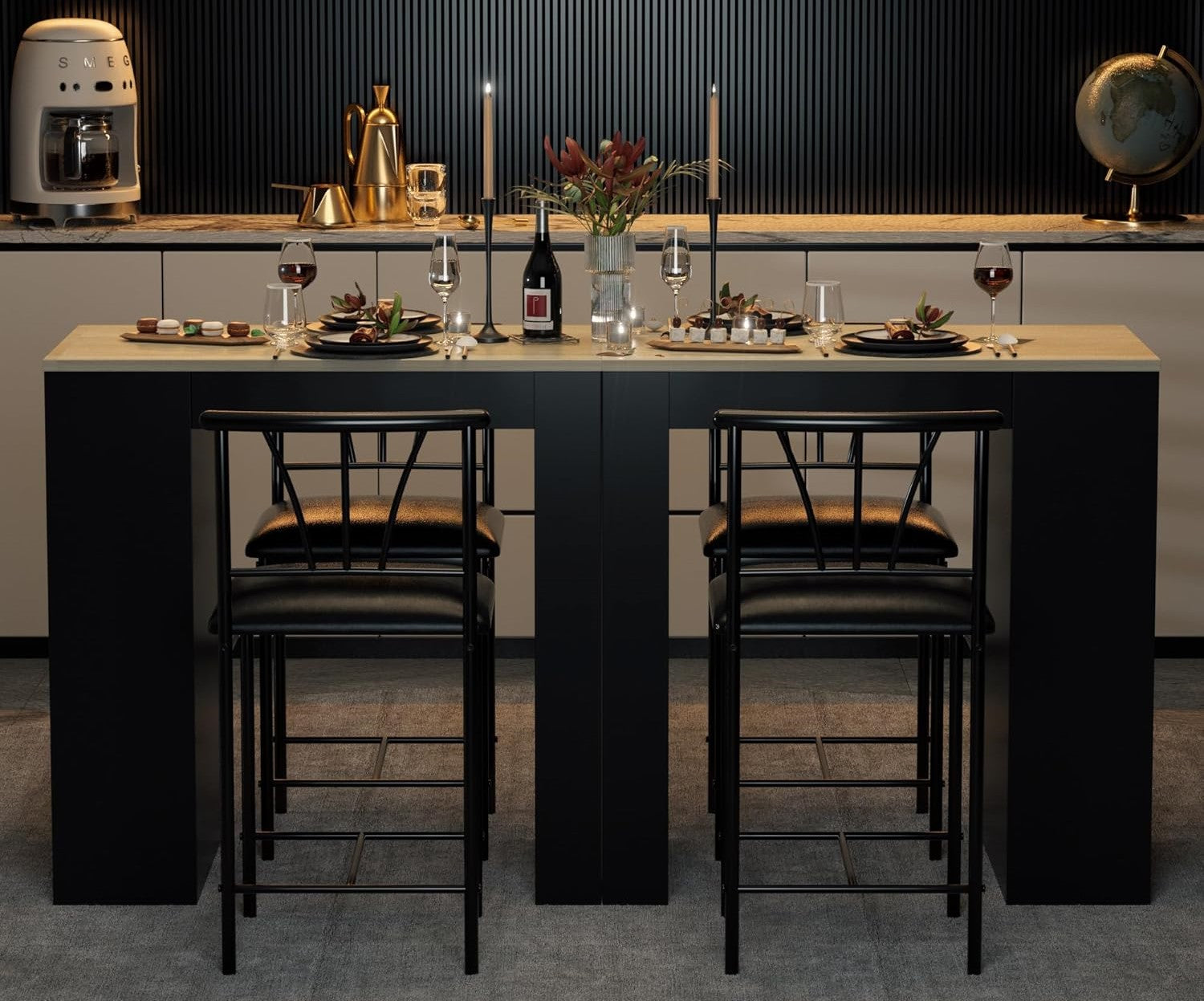 VECELO modern black bar table set for two with candlelit dinner setup, styled against a minimalist kitchen with ambient lighting
