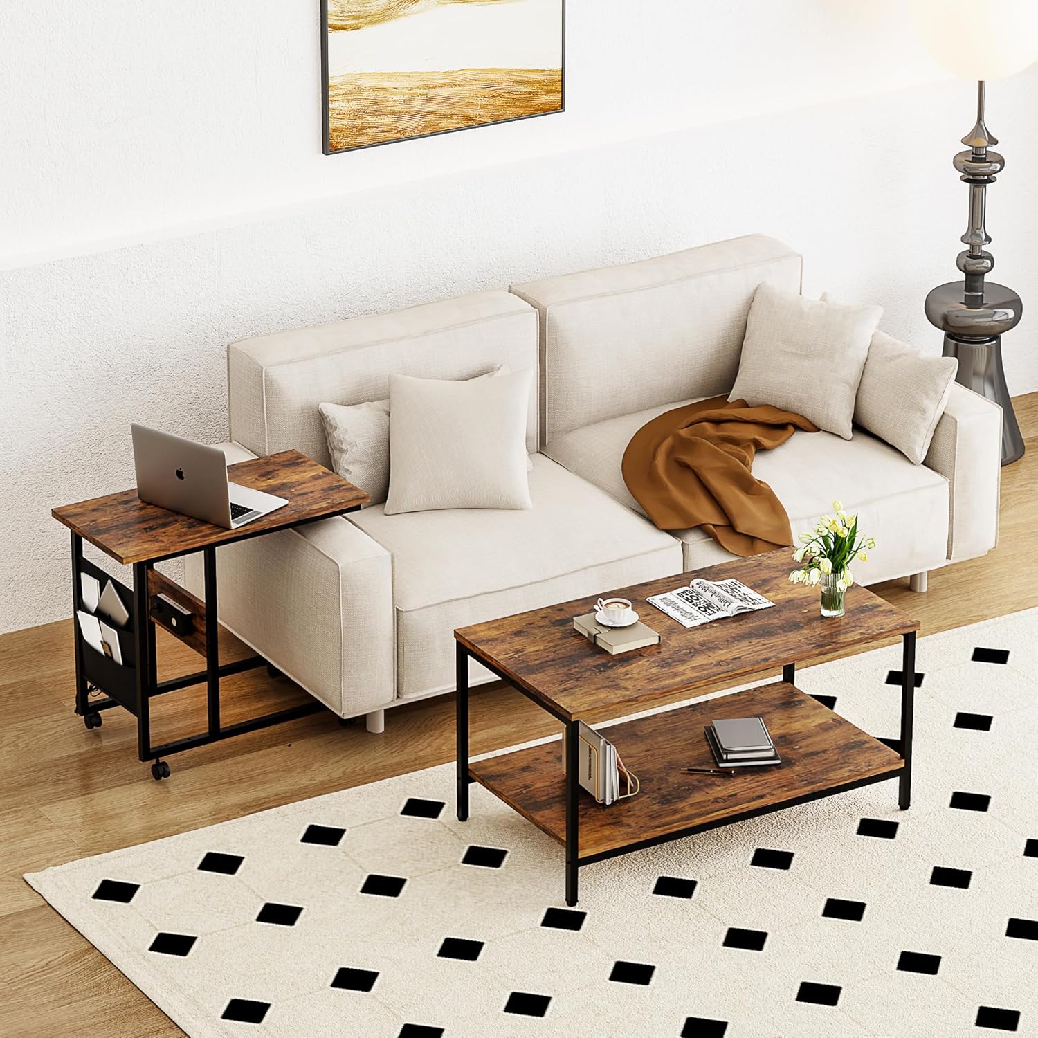 VECELO lift-top coffee table and rolling side table set in a modern living room, combining workspace and storage in a compact, multifunctional design.