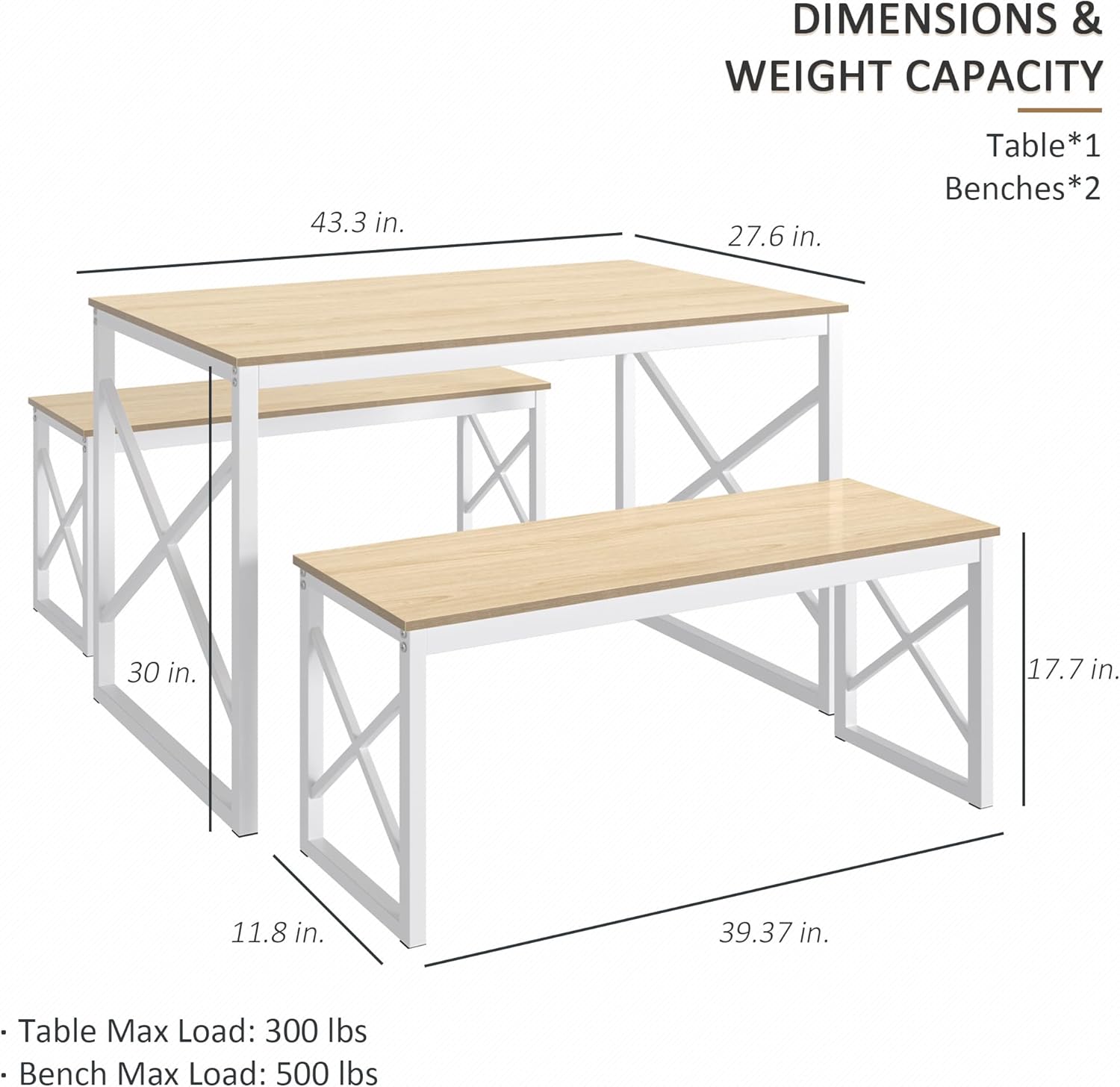 VECELO Kitchen Table with 2 Benches for 4 - VECELO