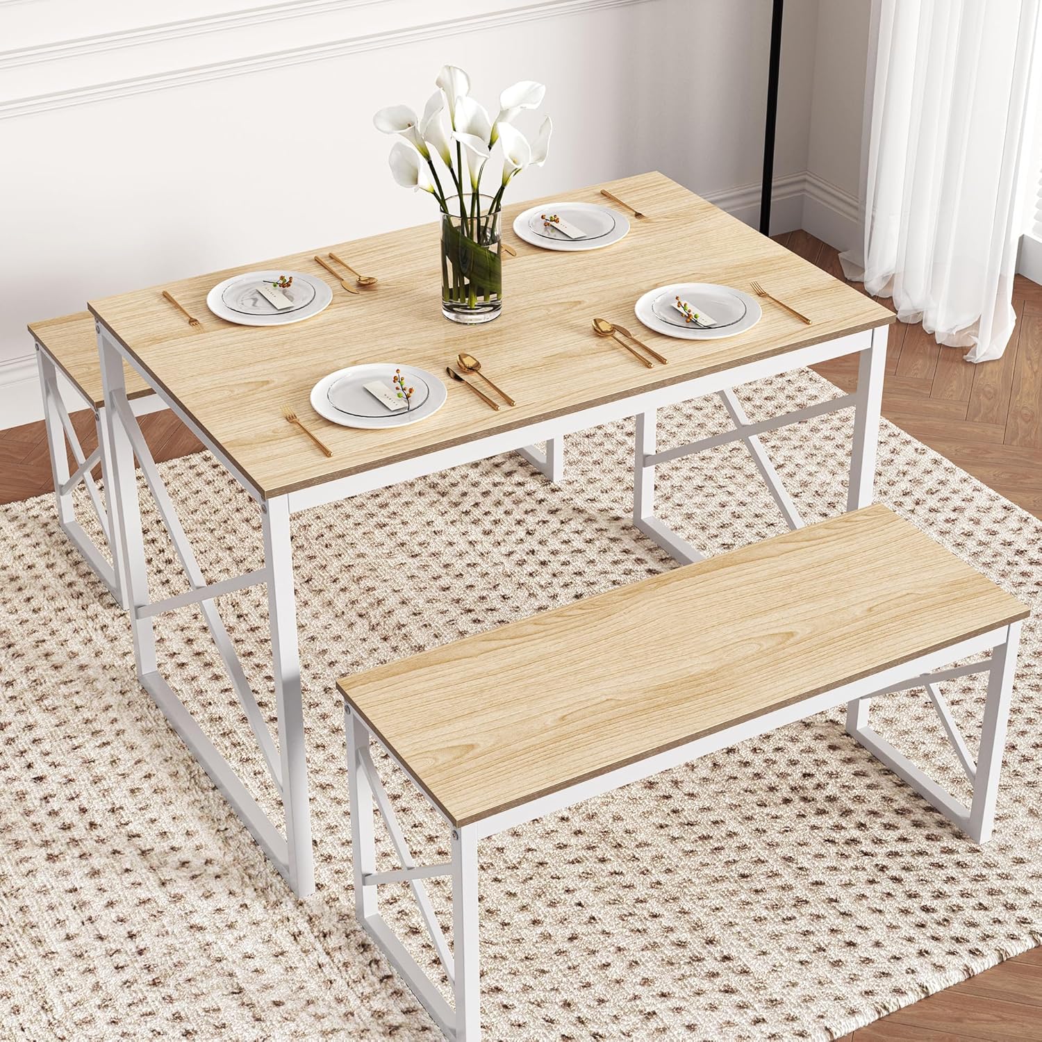 VECELO Kitchen Table with 2 Benches for 4 - VECELO