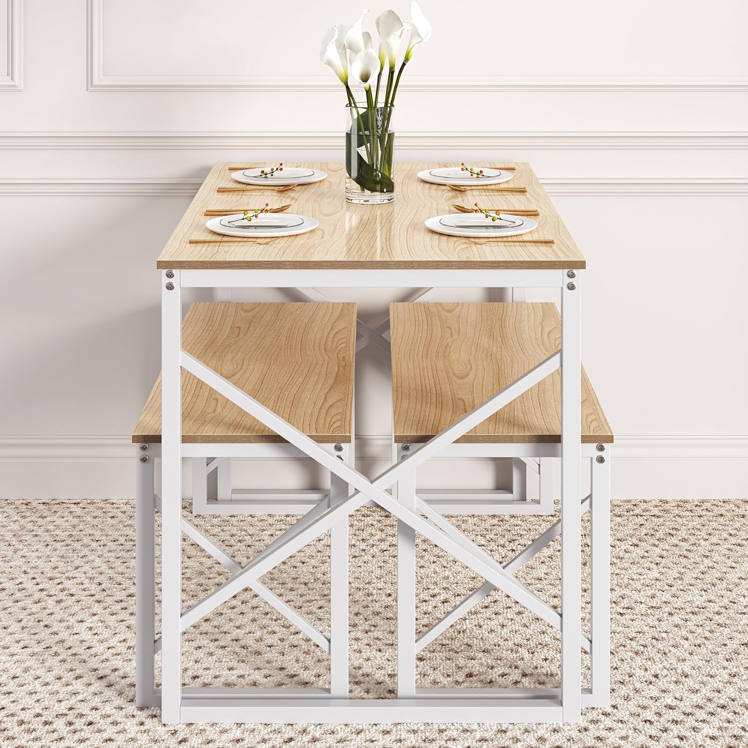 VECELO Kitchen Table with 2 Benches for 4 - VECELO