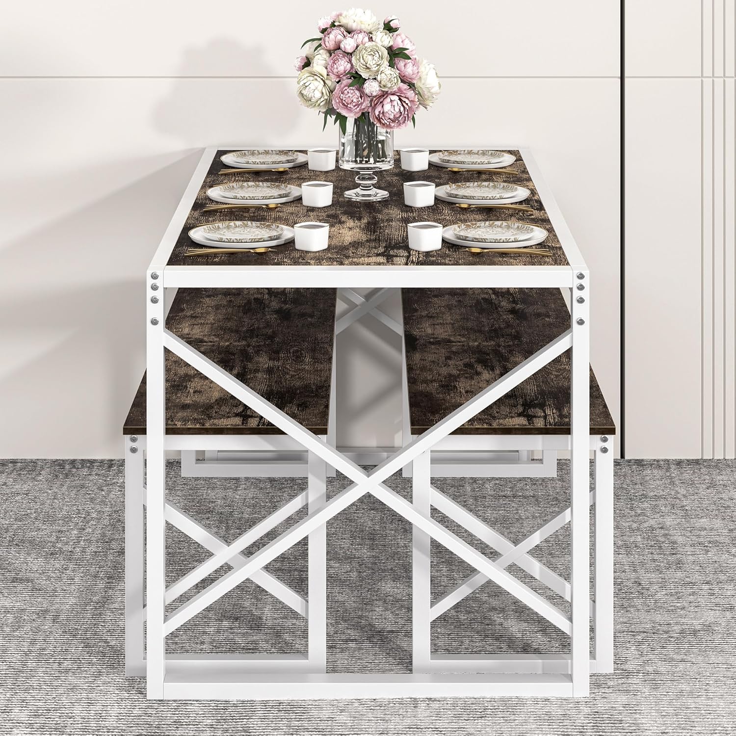 VECELO Kitchen Table with 2 Benches for 4 - VECELO