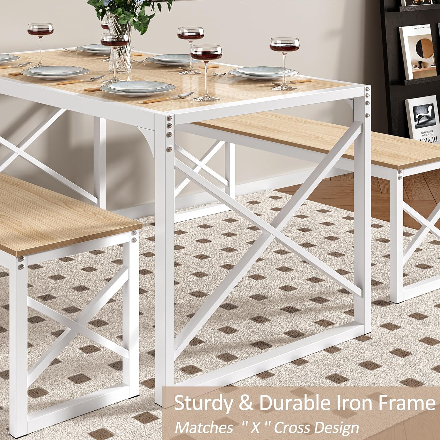 VECELO Kitchen Table with 2 Benches for 4 - VECELO