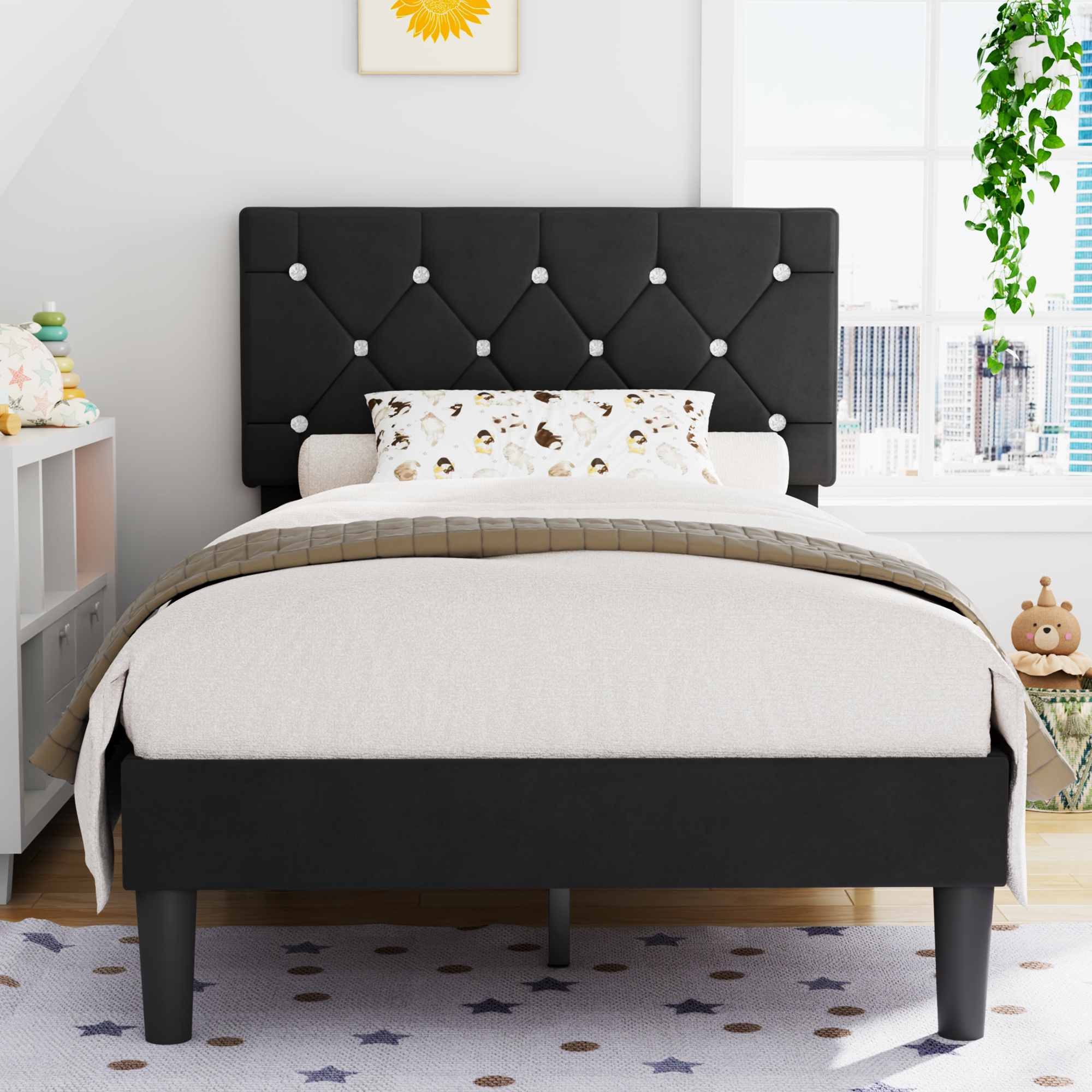 VECELO Bed Frame, Upholstered Platform with Adjustable Diamond Tufted Headboard