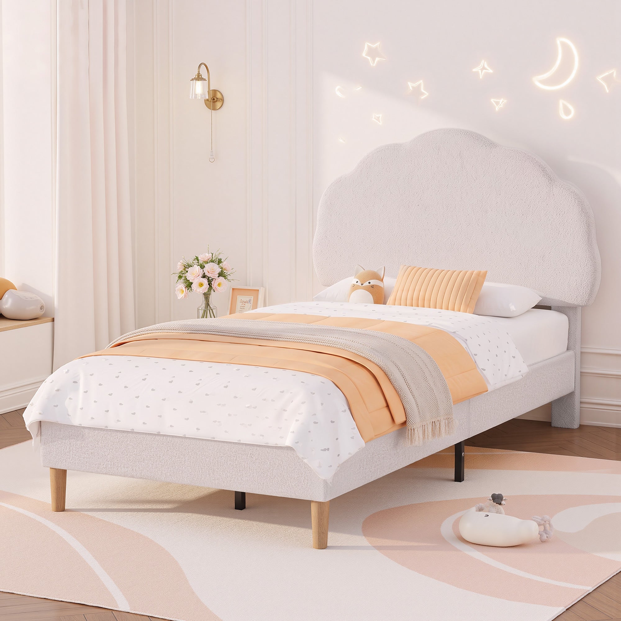 VECELO Twin Size Bed Frame, Upholstered Platform Bedframe with Height Adjustable Plush Fabric Headboard
