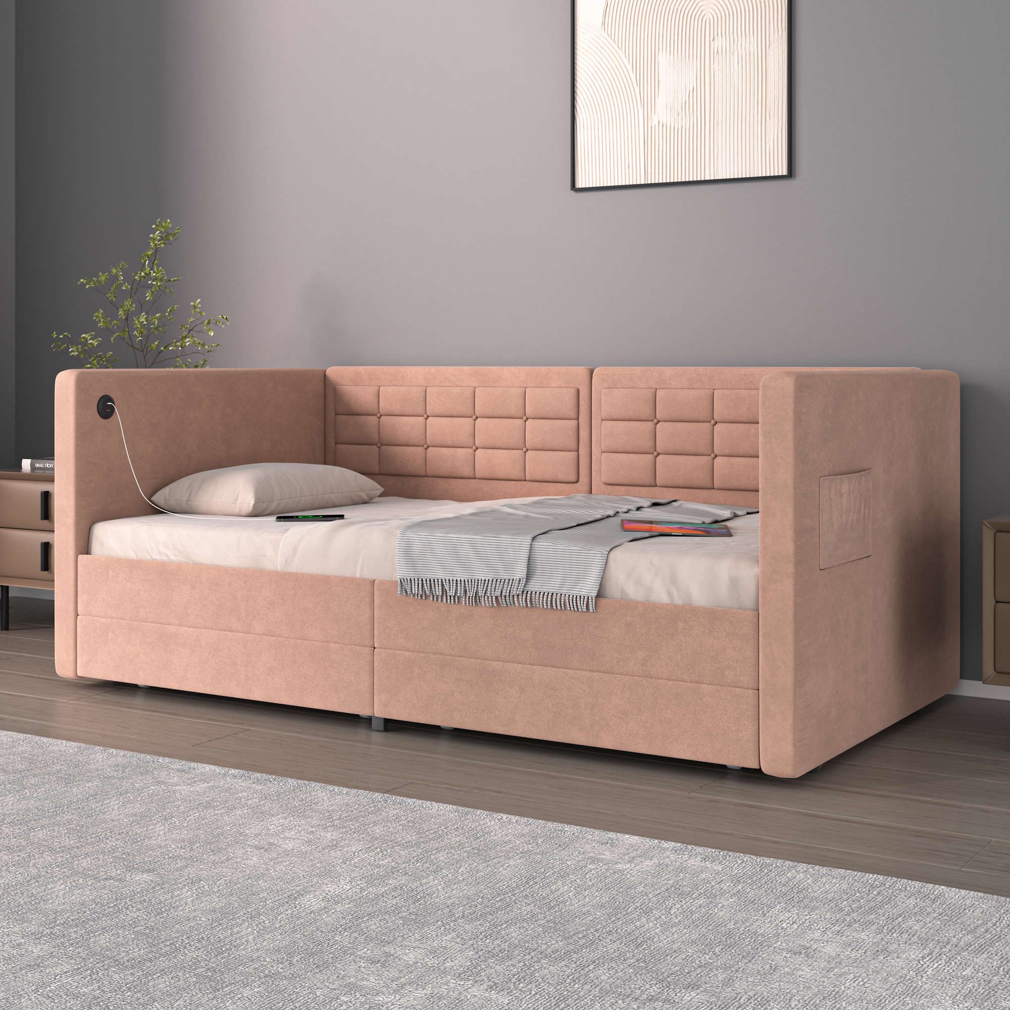 VECELO Twin Daybed with Storage Drawers, Upholstered Day Bed with Button Tufted headboard and Wood Slat Support