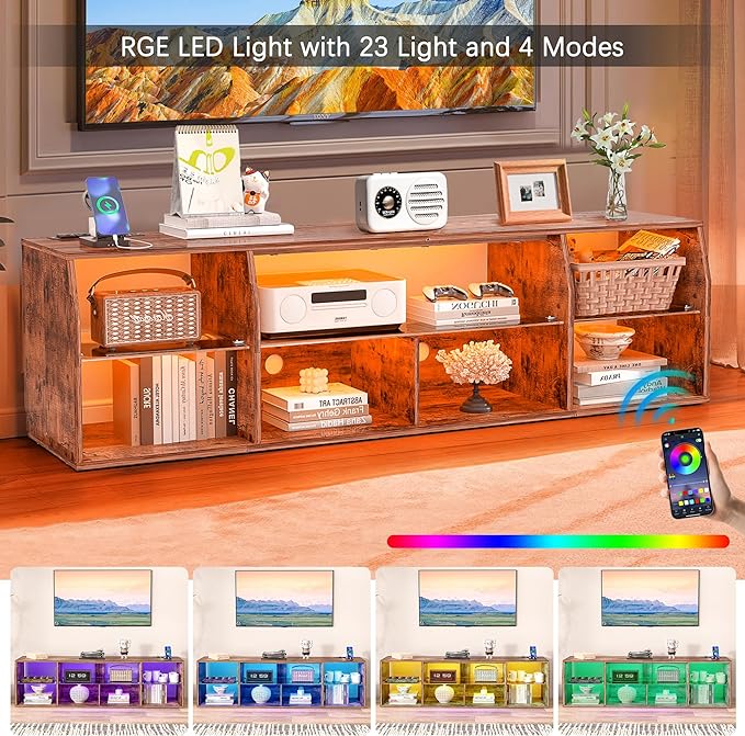 VECELO TV Stand with LED Strip & Power Outlets, Industrial Entertainment Center