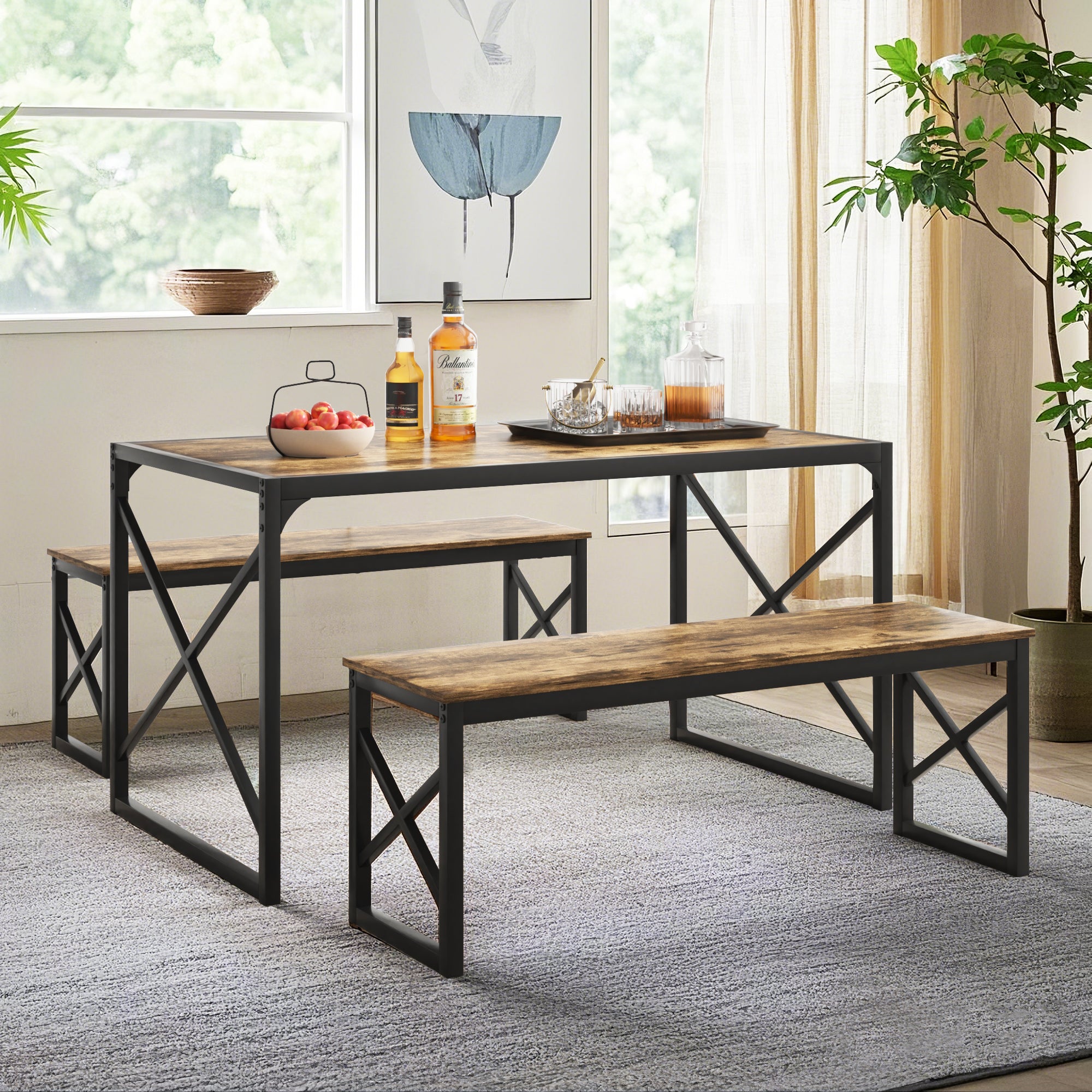 VECELO Kitchen Table with 2 Benches for 4 - VECELO