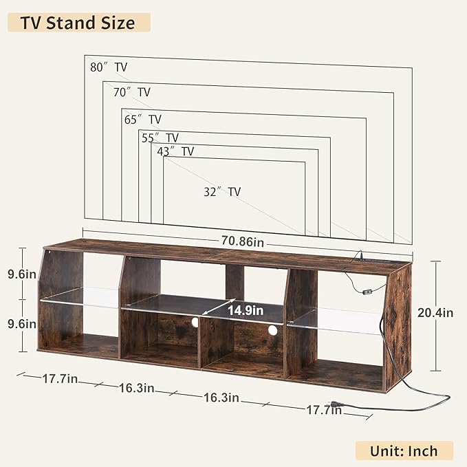 VECELO TV Stand with LED Strip & Power Outlets, Industrial Entertainment Center