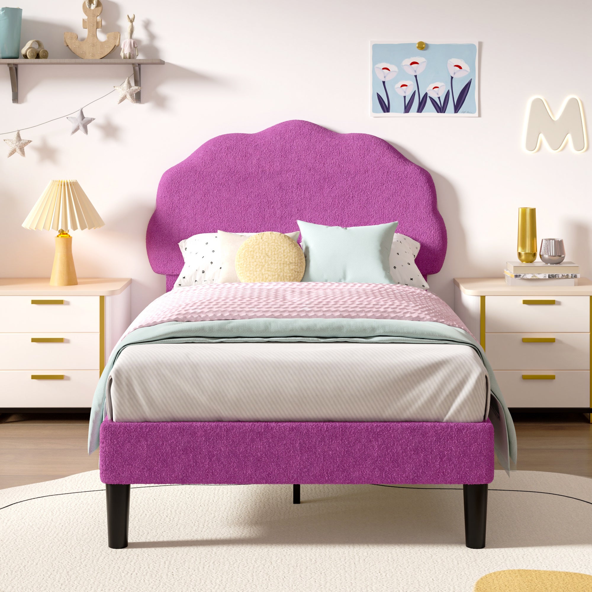 VECELO Twin Size Bed Frame, Upholstered Platform Bedframe with Height Adjustable Plush Fabric Headboard