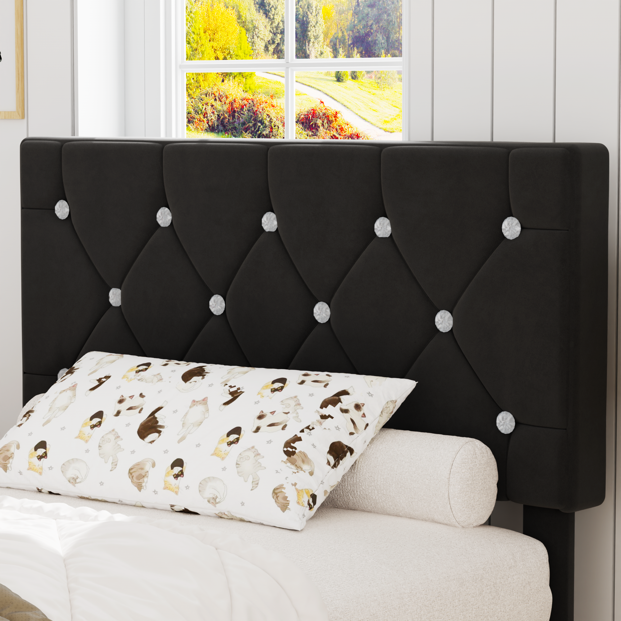 VECELO Bed Frame, Upholstered Platform with Adjustable Diamond Tufted Headboard