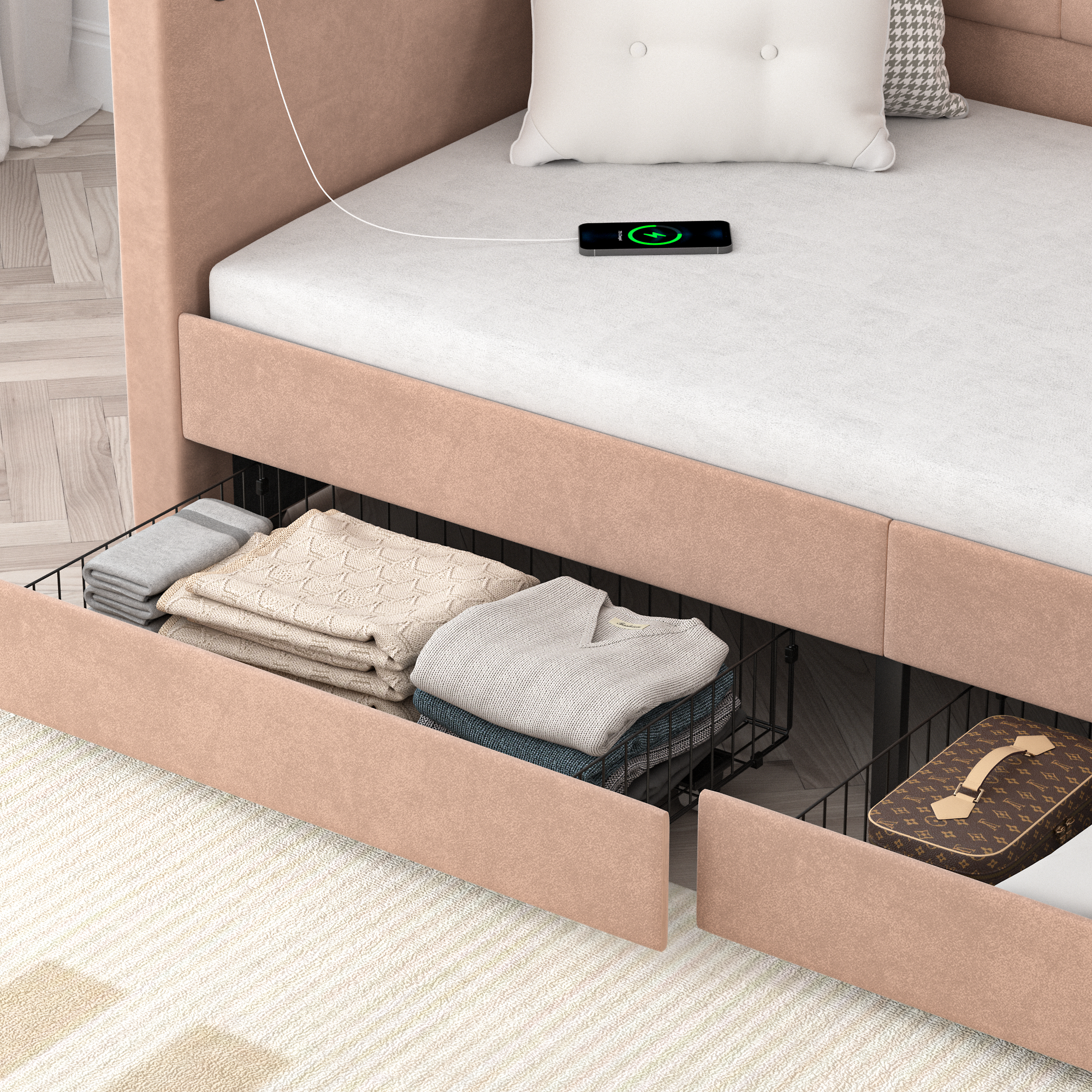 VECELO Twin Daybed with Storage Drawers, Upholstered Day Bed with Button Tufted headboard and Wood Slat Support