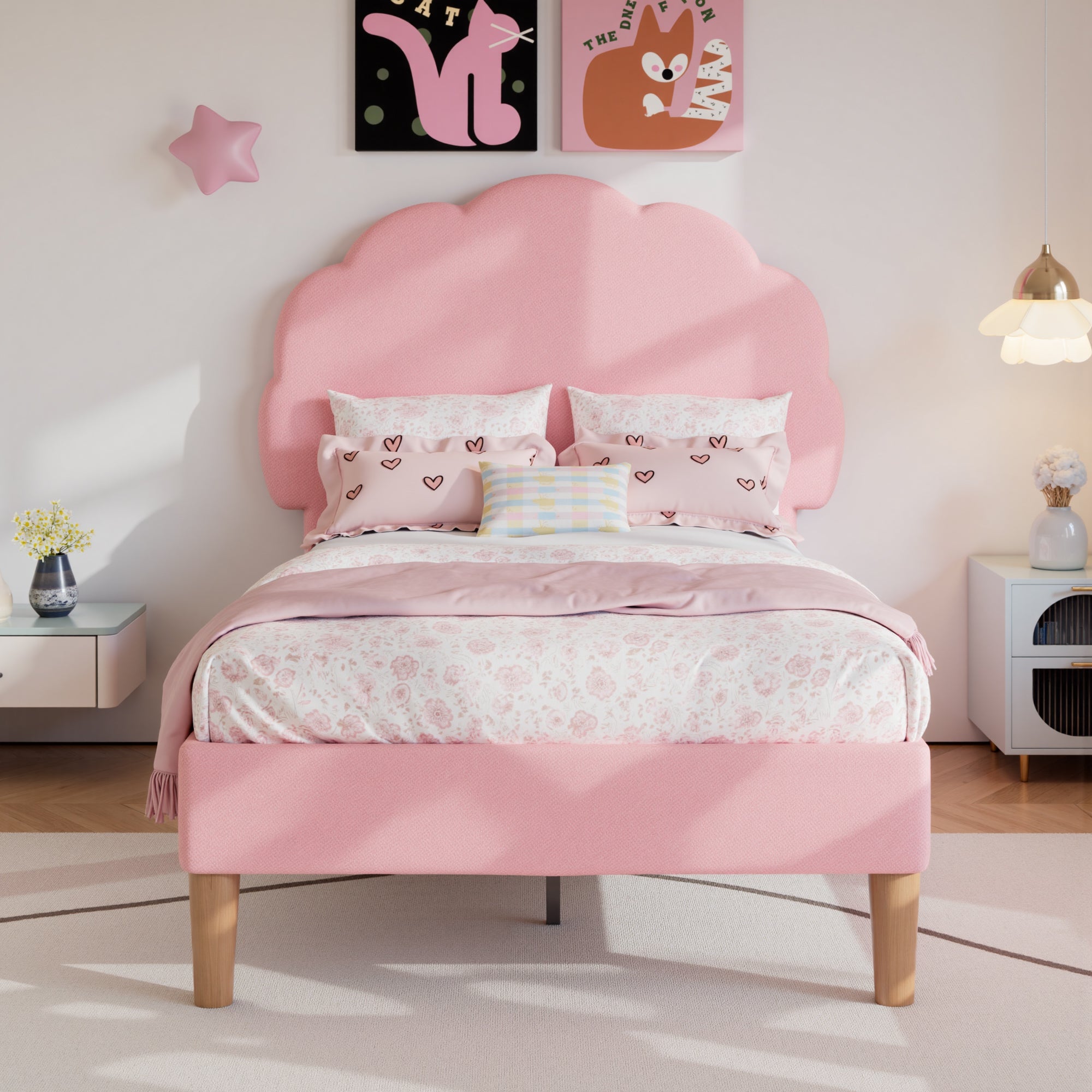VECELO Twin Size Bed Frame, Upholstered Platform Bedframe with Height Adjustable Plush Fabric Headboard