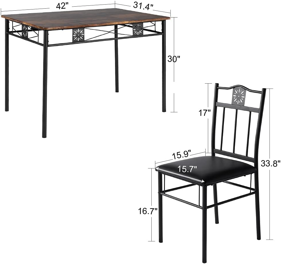 VECELO 5 Piece Dining Table Set with 4 Chairs Metal and Wood Rectangular Table