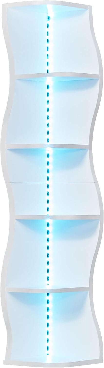 VECELO 6-Tier Compact Wave Corner Bookcase with LED Lights, Small Narrow Freestanding Bookshelf for Small Spaces