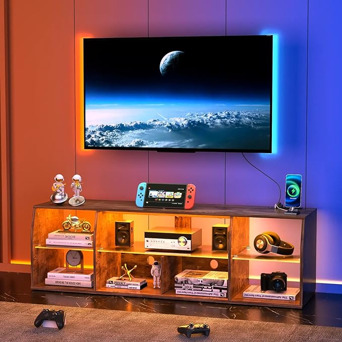 VECELO TV Stand with LED Strip & Power Outlets, Industrial Entertainment Center