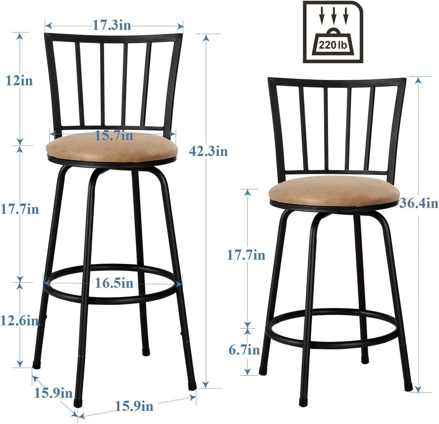 VECELO 41.5" Adjustable Bar Stools with 360 Degree Swivel Seat Top Set of 2 - VECELO