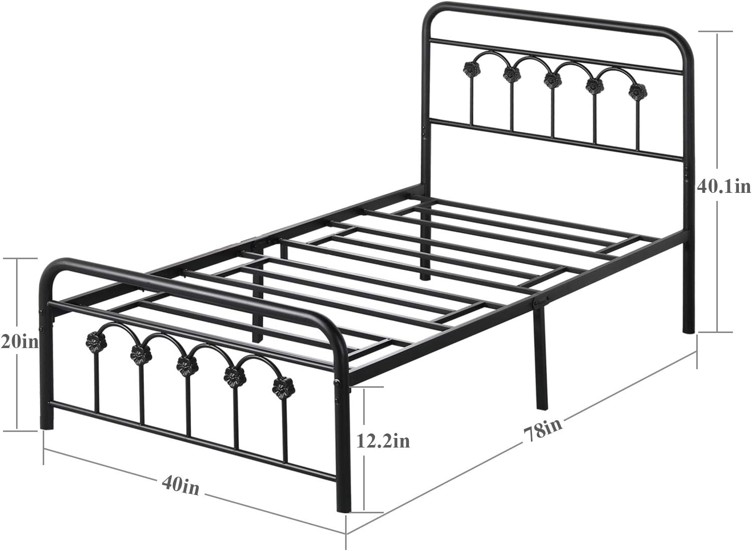 VECELO Metal Bed Frame/Mattress Foundation with Vintage Flower Headboard & Footboard