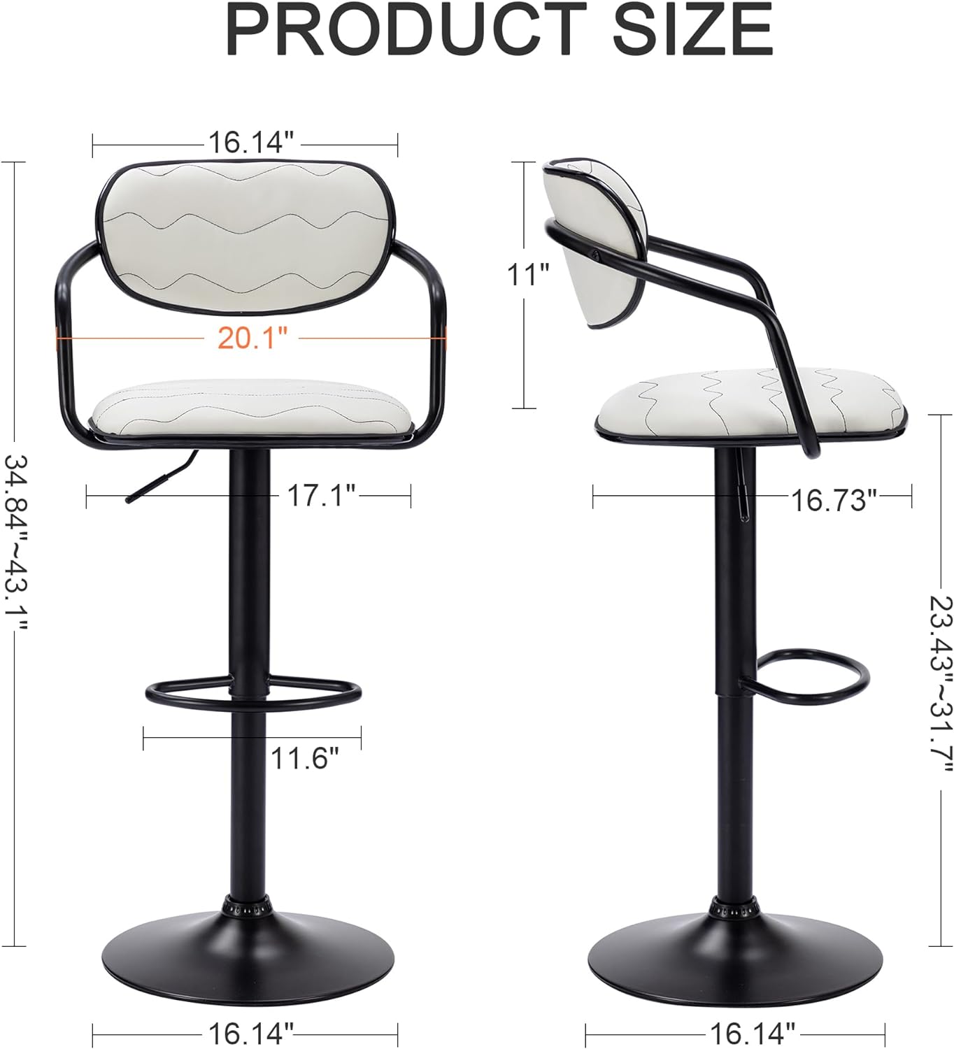 VECELO Bar Stools Set of 2, Adjustable Counter Height Barstools with Back and Arm - VECELO