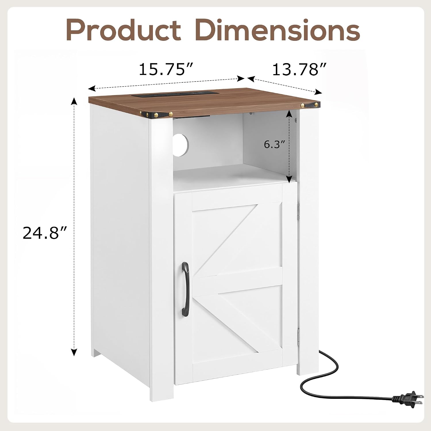 VECELO Farmhouse Nightstand with Charging Station