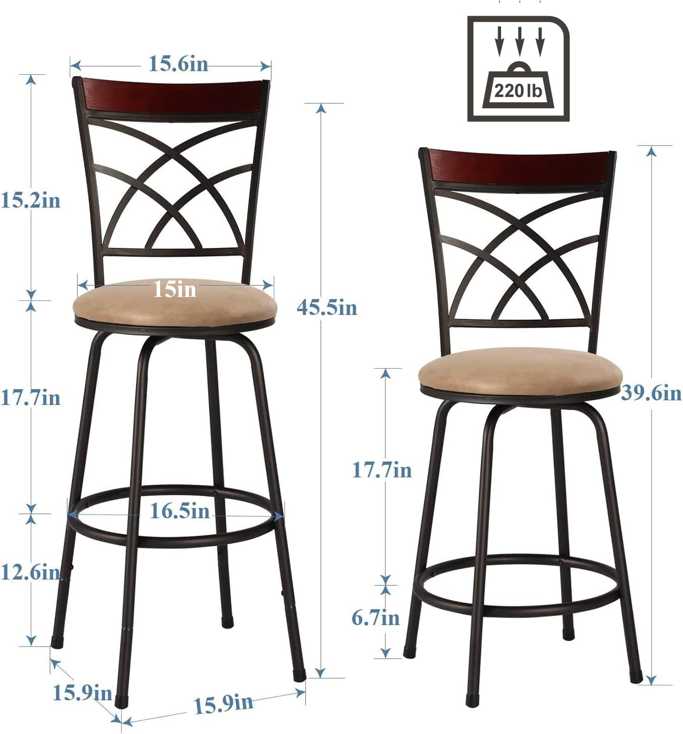 VECELO Adjustable Bar Stools with 360 Degree Swivel Round Seat Cushions and Wood Top Rail Backrest Set of 2 - VECELO