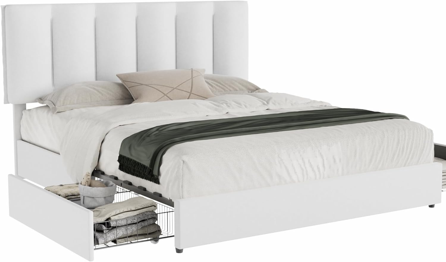 VECELO Upholstered Bed Frame with 4 Storage Drawers and Adjustable Velvet Headboard