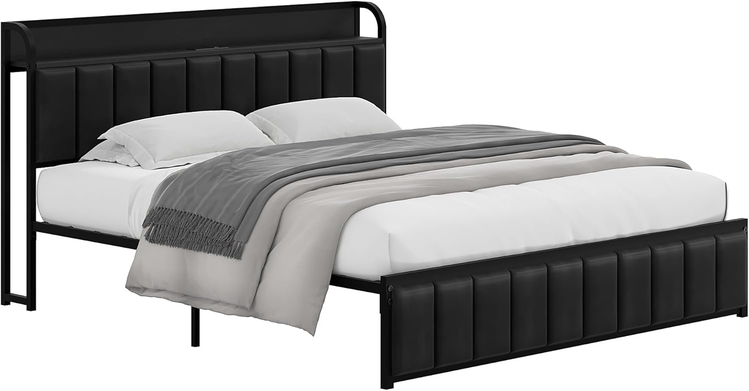 VECELO Twin Bed Frame, Storage Upholstered Headboard with Charging Station