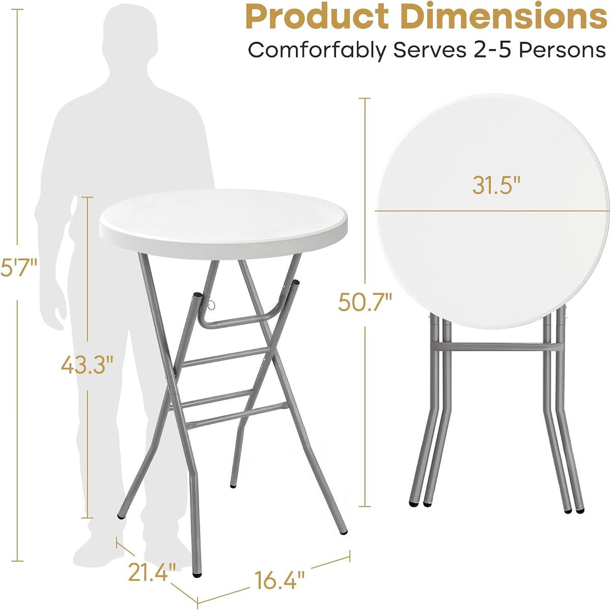 VECELO 32" Round Bar Height Folding Dining Table, 43.3" High Top Cocktail Table
