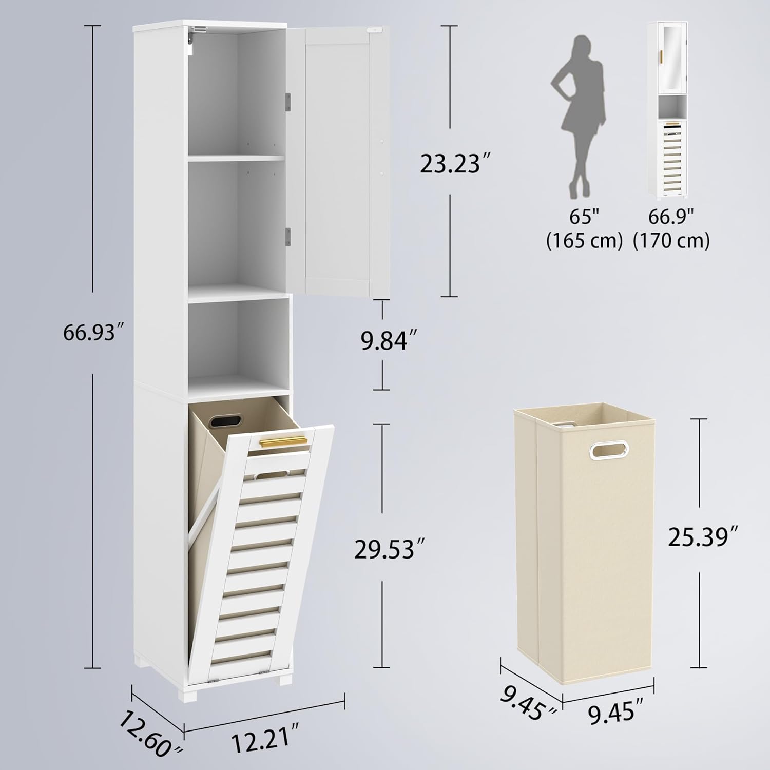 VECELO Tall Bathroom Storage Cabinet with Mirror and Hidden Basket