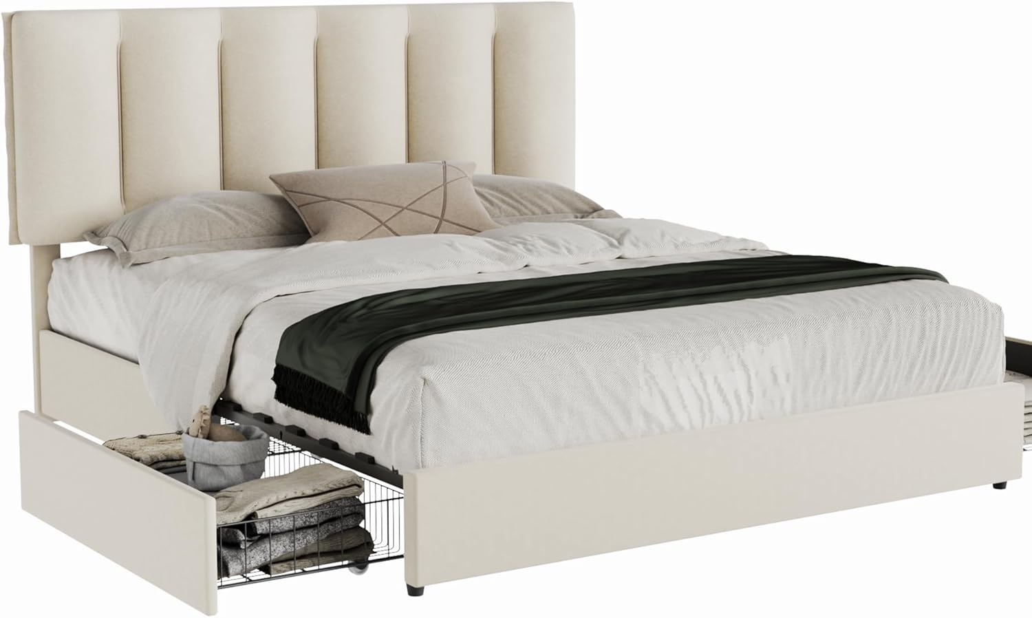 VECELO Upholstered Bed Frame with 4 Storage Drawers and Adjustable Velvet Headboard