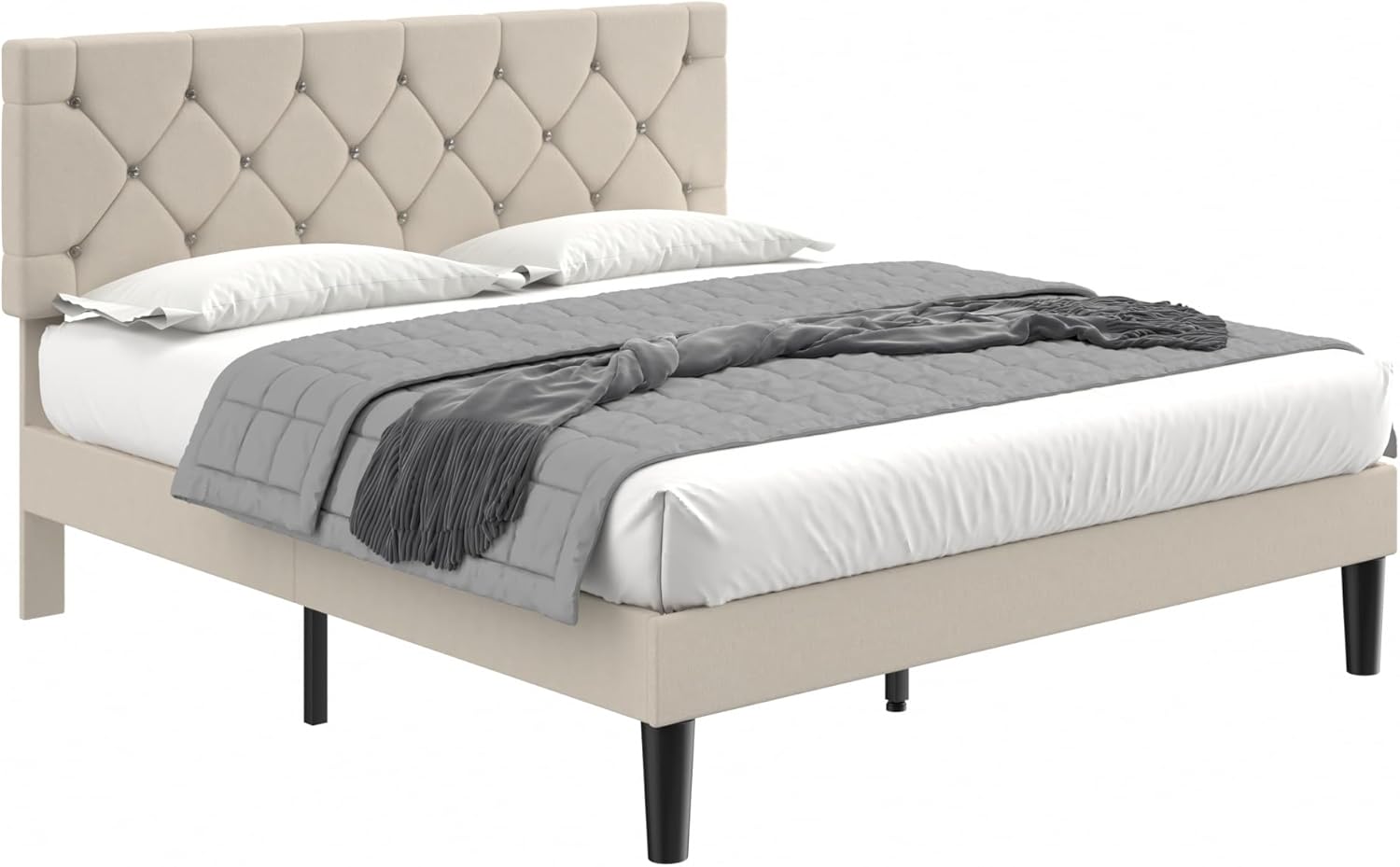 VECELO Twin Size Bed Frame, Upholstered Platform with Adjustable Diamond Tufted Headboard