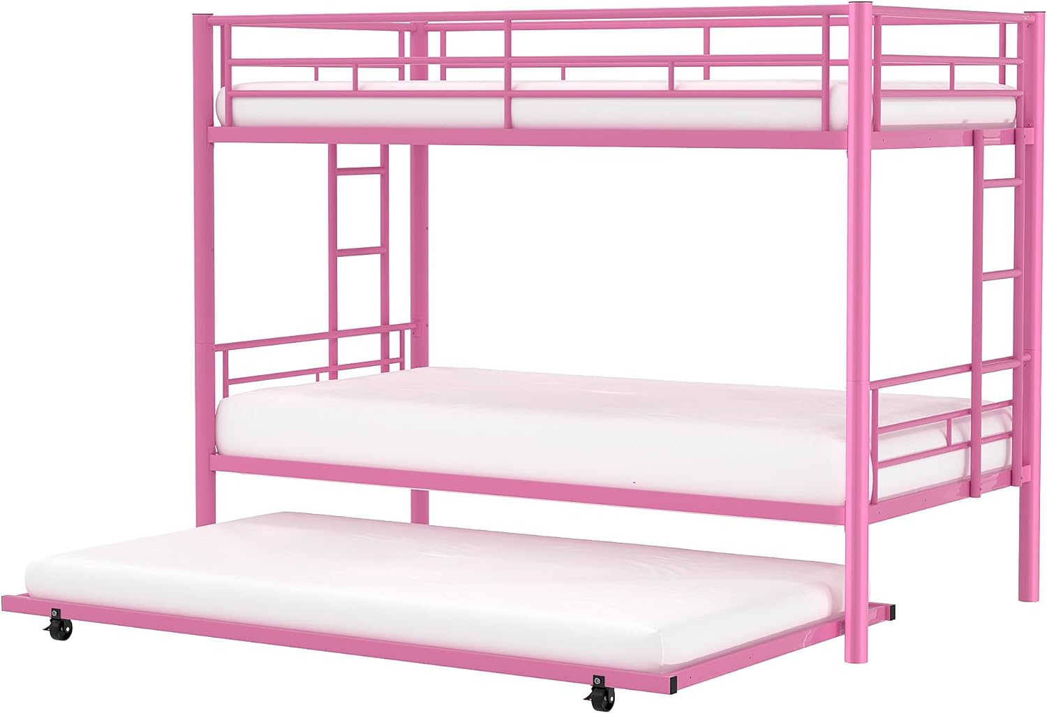 VECELO Bunk Bed Twin Over Twin with Trundle, Metal Bunkbeds with Ladder and Full-Length Guardrail - VECELO
