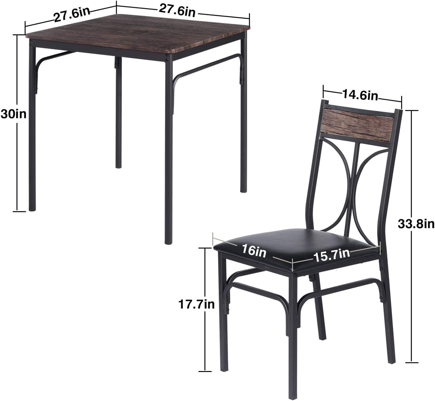 VECELO Industrial Style 3-Piece Dining Room Table Set with 2 PU Padded Chairs - VECELO