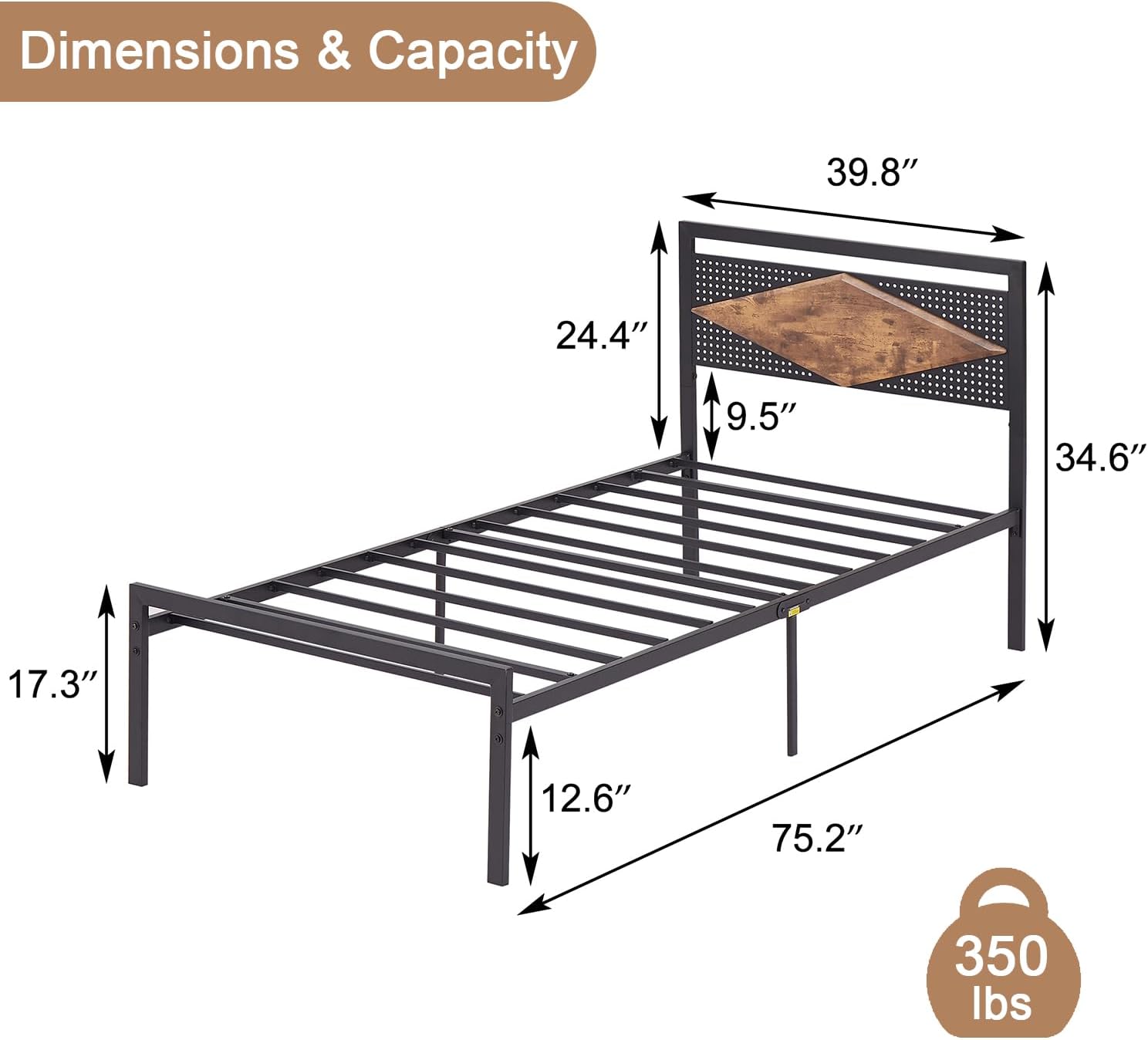 VECELO Metal Bed Frame Platform with Wood Grain Headboard&Footboard