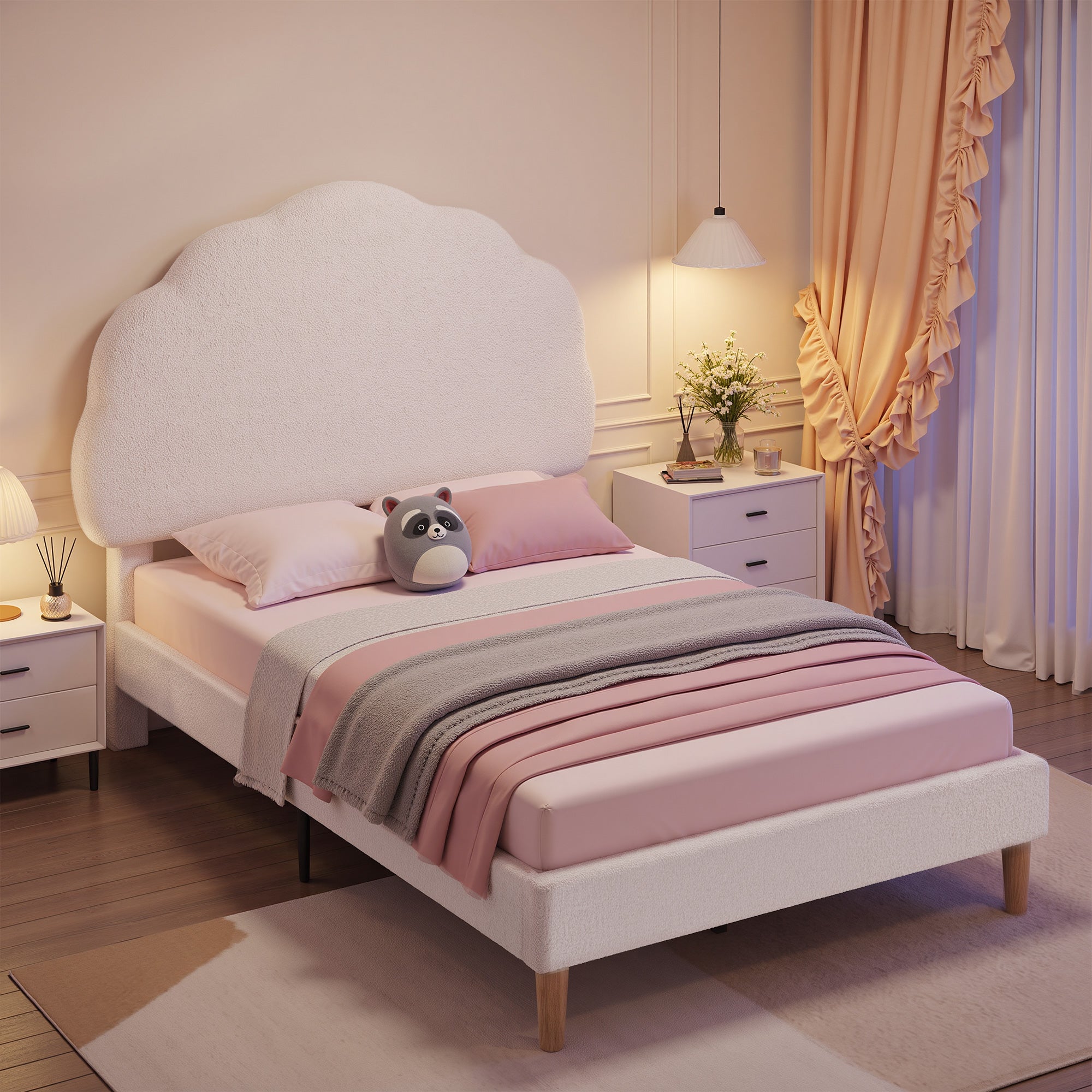 VECELO Twin Size Bed Frame, Upholstered Platform Bedframe with Height Adjustable Plush Fabric Headboard