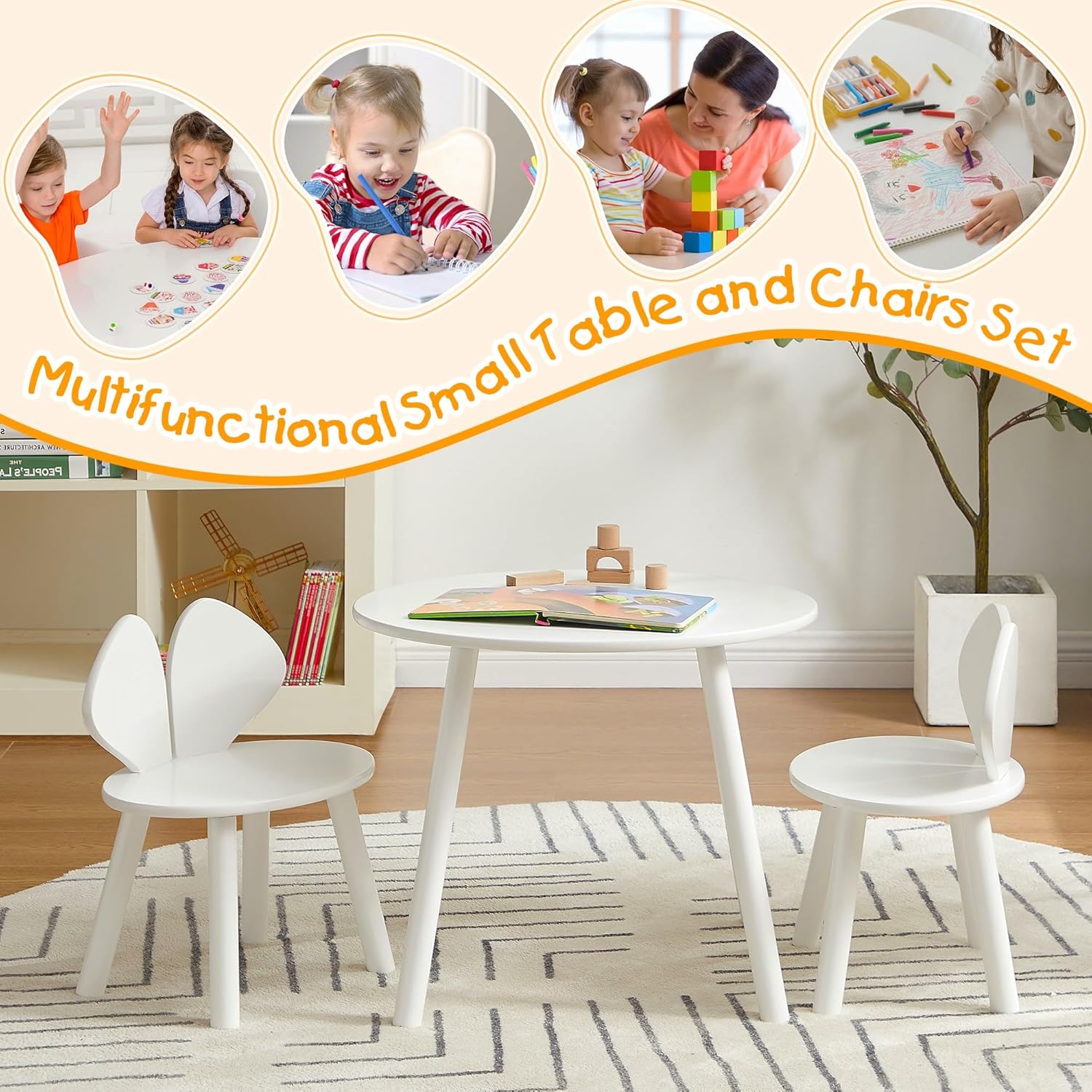 VECELO Kids Table and Chairs Set, Oval Tabletop and 2 Rabbit Chairs