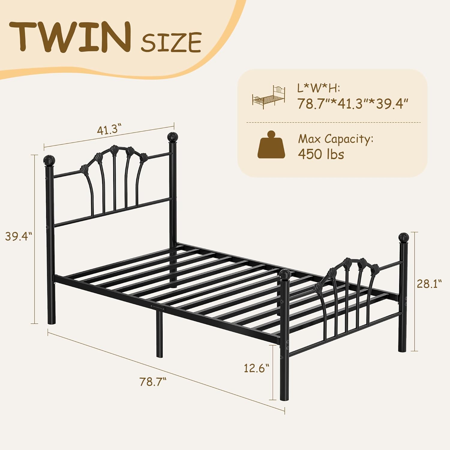 VECELO Twin Size Metal Bed Frame with Shell Headboard and Footboard