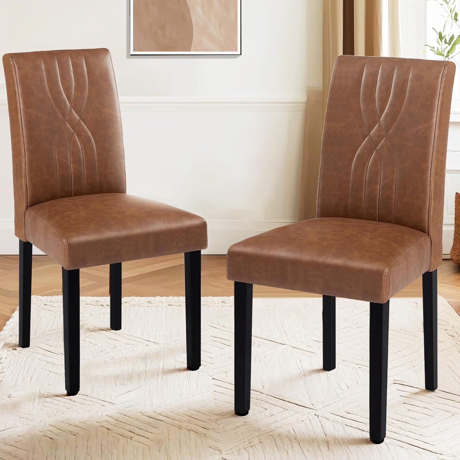 VECELO Upholstered Dining Chairs Set of 2 Modern Fabric and Solid Wood Legs & High Back
